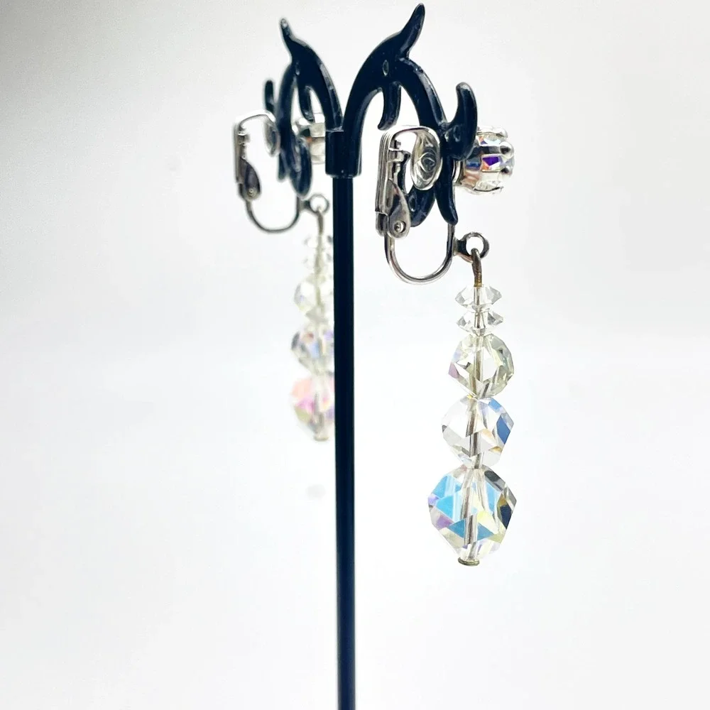 Vintage Dangle Earrings AB Aurora Borealis Clip On Silver Tone Faceted Beads